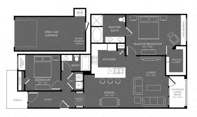 Floor plan for 2 beds, 2 baths, 1211 sqft